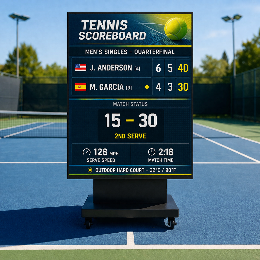 Tennis scoreboard display on a rolling board